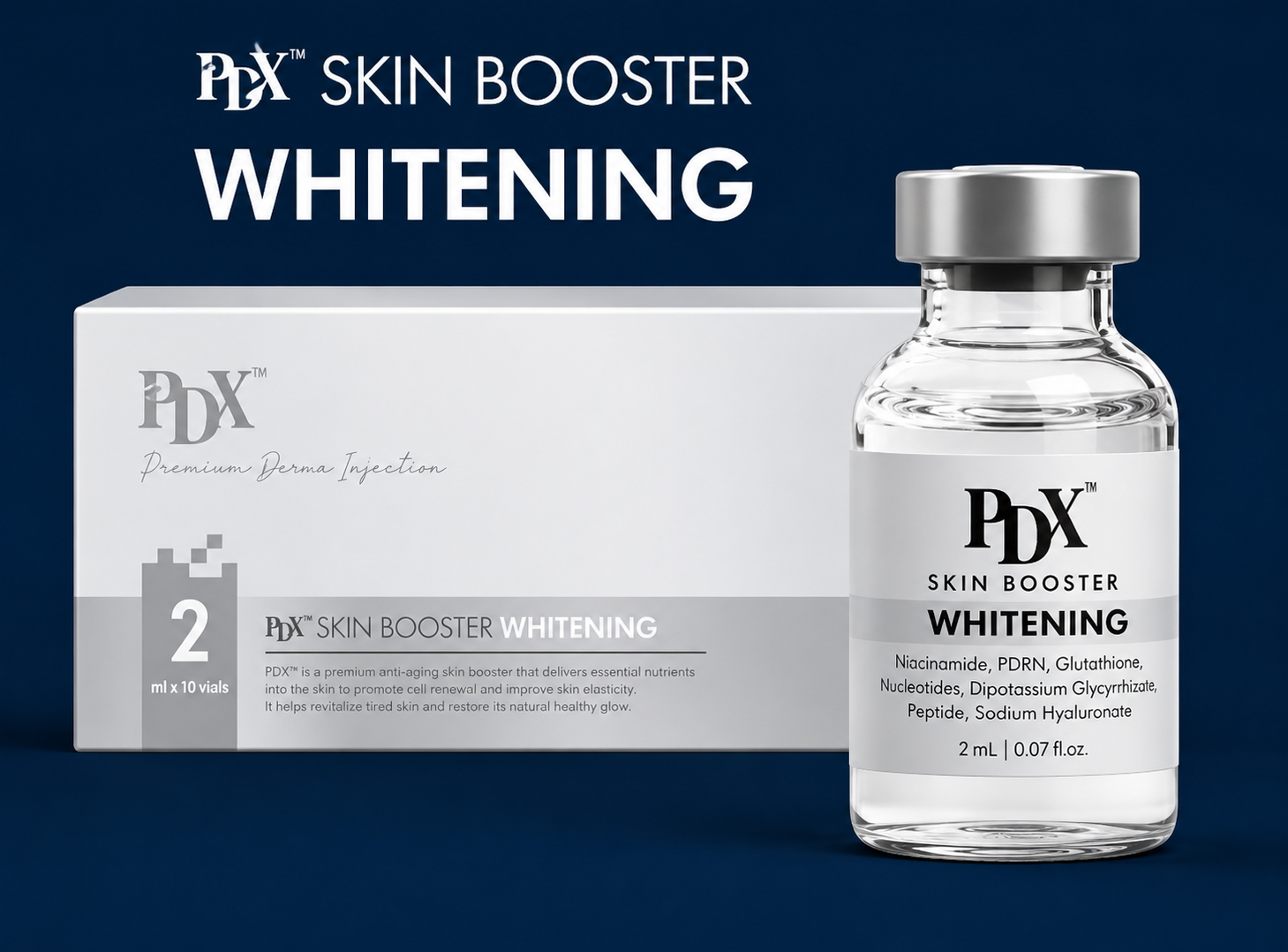 PDX² Skin Booster Whitening — krabička + ampule