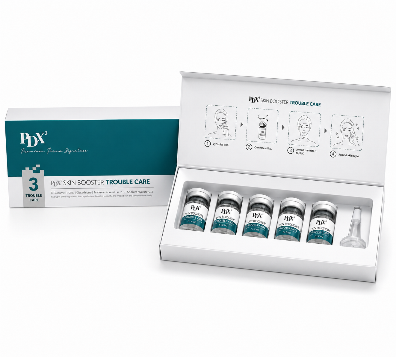 PDX³ Skin Booster Trouble Care – otevřená krabička s ampulemi