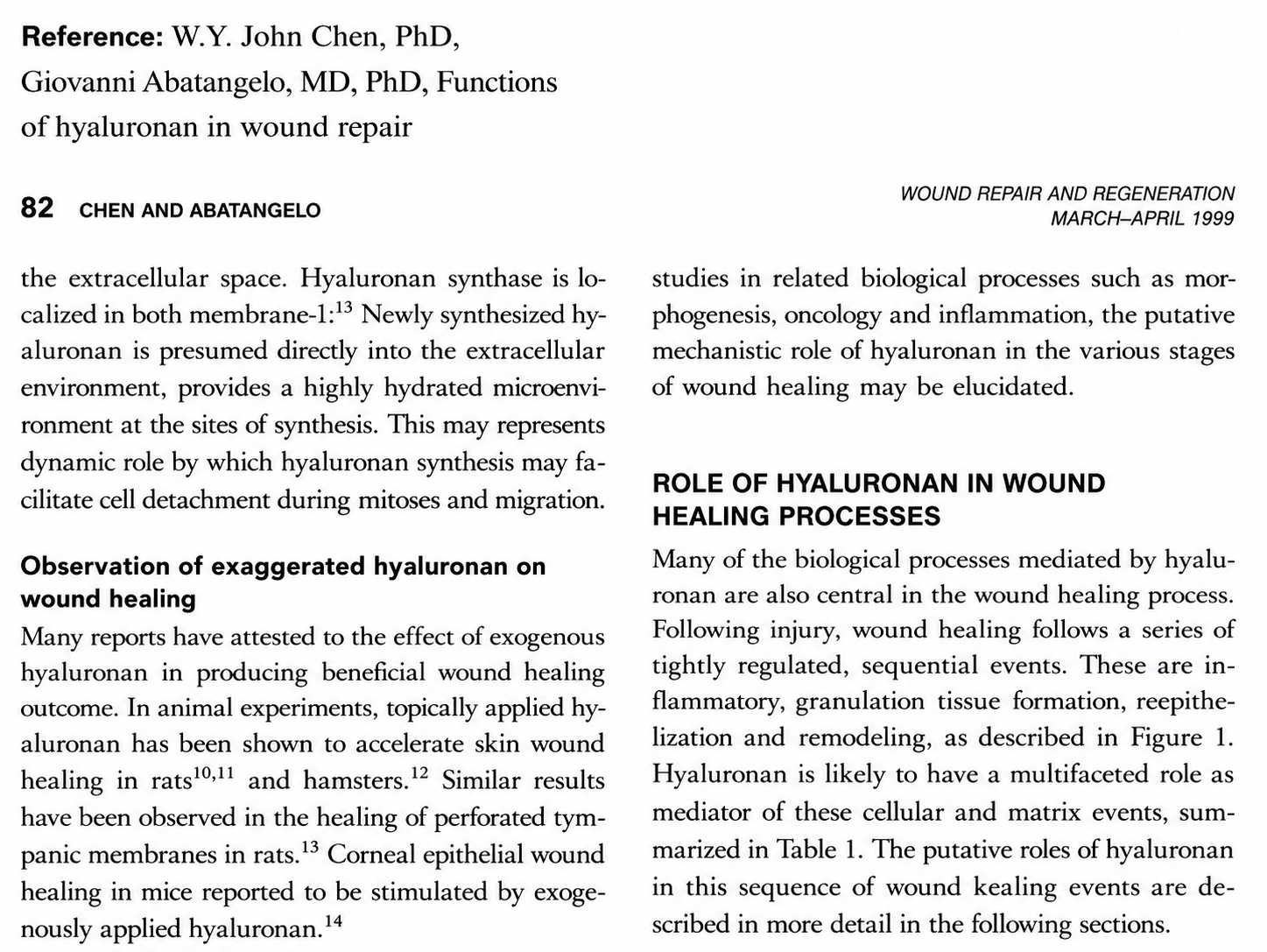 Vědecký článek – Role of Hyaluronan in Wound Healing Process