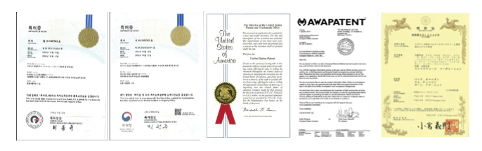 Certifikáty registrace patentů – Jižní Korea, USA, Evropa, Japonsko