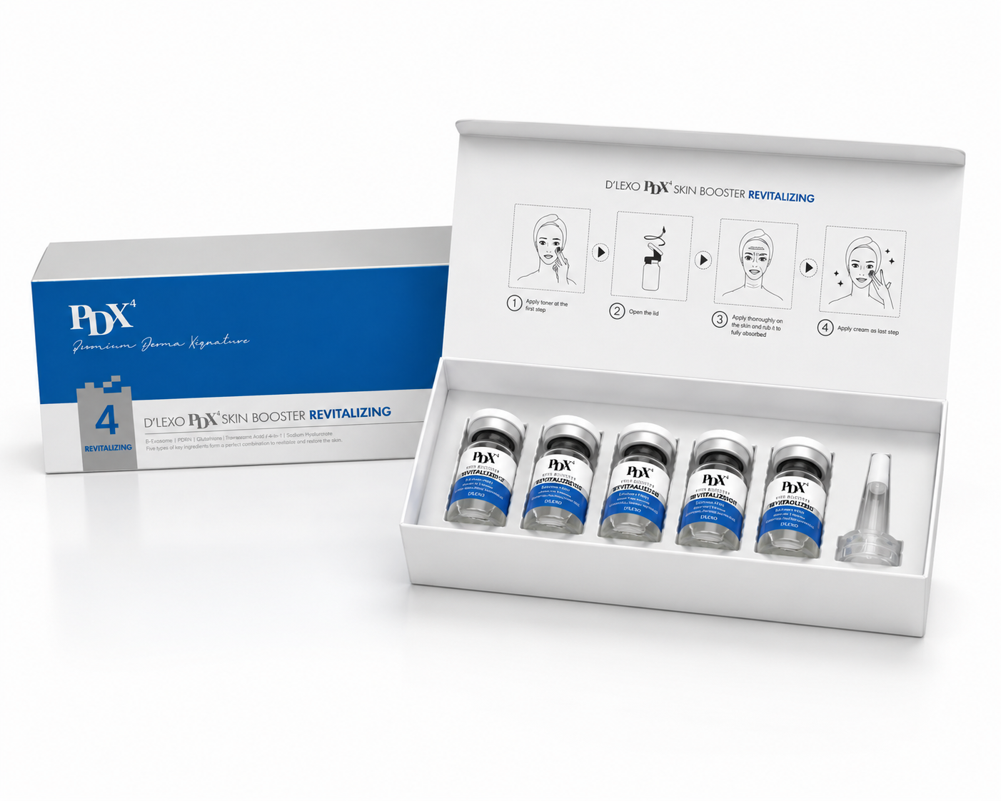 PDX⁴ Skin Booster Revitalizing – otevřená krabička s ampulemi